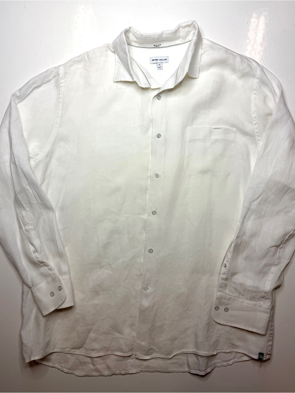 Peter Millar Men's White Linen Button-Down Shirt with Chest Pocket